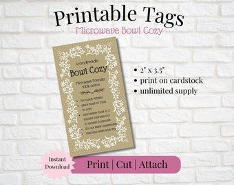 Printable Tag/Care Card for Microwave Bowl Cozy | Instant Download | Print, Cut & Attach to Handmade Item | Craft Show | Small Business