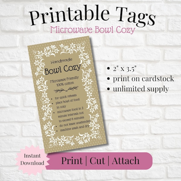 Printable Tag/Care Card for Microwave Bowl Cozy | Instant Download | Print, Cut & Attach to Handmade Item | Craft Show | Small Business