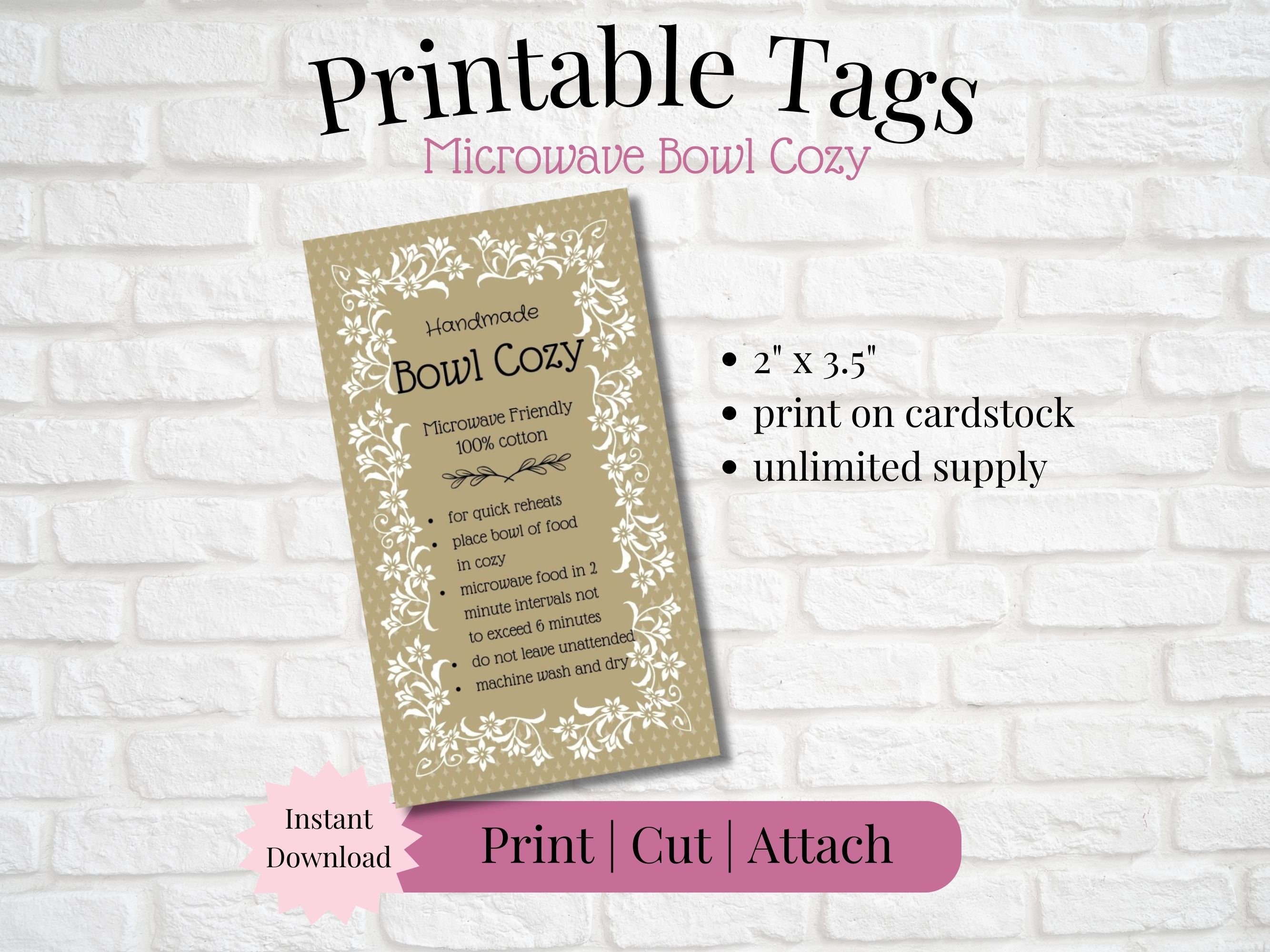 Printable Tag/Care Card for Microwave Bowl Cozy | Instant Download | Print, Cut & Attach to Handmade Item | Craft Show | Small Business