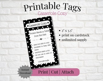 Printable Tag/Care Card for Casserole Cozy | Instant Download | Print, Cut & Attach to Handmade Item | Craft Show | Gifting | Small Business