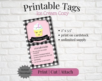 Printable Tag/Care Card for Ice Cream Cozy | Instant Download | Print, Cut & Attach to Handmade Item | Craft Show | Gifting | Small Business