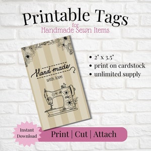Printable Tag/Card for Handmade Sewn Items | Instant Download | Print, Cut & Attach to Item | Craft Show | Small Business | Craft Fair