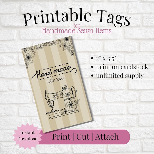 Printable Tag/Card for Handmade Sewn Items | Instant Download | Print, Cut & Attach to Item | Craft Show | Small Business | Craft Fair