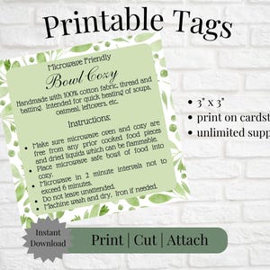 Printable Tag/Care Card for Microwave Bowl Cozy Greenery 3" x 3" | Instant Download | Print, Cut & Attach to Handmade Item | Craft Show|Gift