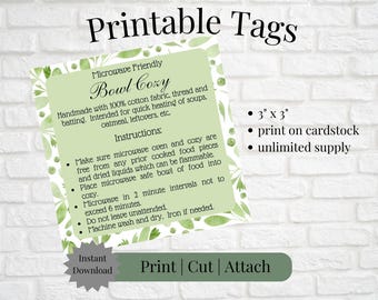 Printable Tag/Care Card for Microwave Bowl Cozy Greenery 3&quot; x 3&quot; | Instant Download | Print, Cut & Attach to Handmade Item | Craft Show|Gift