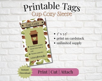 Printable Tag/Care Card for Coffee Sleeve Cup Cozy | Instant Download | Print, Cut & Attach to Handmade Item | Craft Show | Gifting