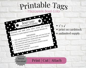 Printable Tag/Care Card for Microwave Bowl Cozy 3&quot; x 4&quot; | Instant Download | Print, Cut & Attach to Handmade Item | Craft Show | Gift