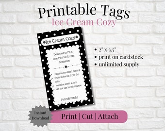 Printable Tag/Care Card for Ice Cream Cozy | Instant Download | Print, Cut & Attach to Handmade Item | Craft Show | Gifting | Small Business