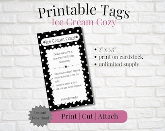 Printable Tag/Care Card for Ice Cream Cozy | Instant Download | Print, Cut & Attach to Handmade Item | Craft Show | Gifting | Small Business
