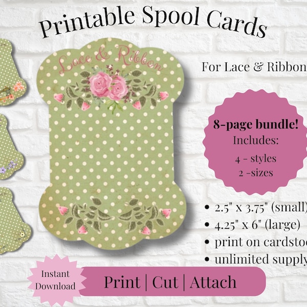 Printable Spool Card for Lace and Ribbon | Junk Journal | Instant Download | Print, Cut & Attach to Item | Craft Show | Small Business