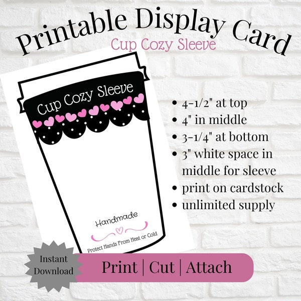 Printable Display Card for Cup Sleeve Cozy | Cup Shaped | Instant Download | Print, Cut & Attach to Handmade Item | Gifting | Craft Show