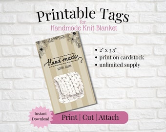 Printable Tag/Card for Handmade Knit Blanket | Instant Download | Print, Cut & Attach to Item | Craft Show | Small Business | Craft Fair