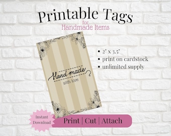 Printable Tag/Card |Handmade with Love | Instant Download | Print, Cut & Attach to Item | Craft Show | Small Business