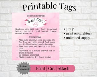 Printable Tag/Care Card for Microwave Bowl Cozy Valentine 3&quot; x 3&quot; | Instant Download | Print, Cut & Attach to Handmade Item|Craft Show|Gift