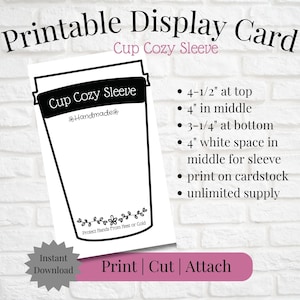 Printable Card for Coffee Sleeve Cozy | Cup Shaped | Instant Download | Print, Cut & Attach to Handmade Item | Craft Show | Gifting