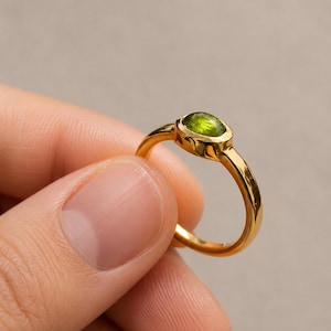 Natural Peridot Oval Ring | 18K Gold Vermeil Bezel Solitaire | Minimalist August Birthstone