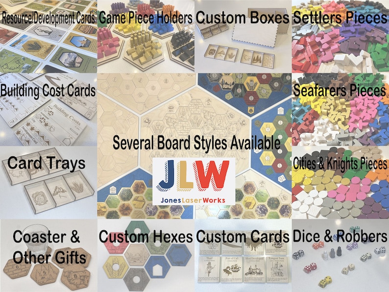 Puede incluir: Un collage de im&aacute;genes que muestran piezas de juego personalizadas y accesorios para el juego de mesa Los Colonos de Cat&aacute;n. Las im&aacute;genes incluyen piezas de juego de madera, bandejas para cartas, hex&aacute;gonos personalizados, cartas de coste de construcci&oacute;n y dados. El texto "Varios estilos de tablero disponibles" y "JLW Jones Laser Works" es visible en el centro de la imagen.