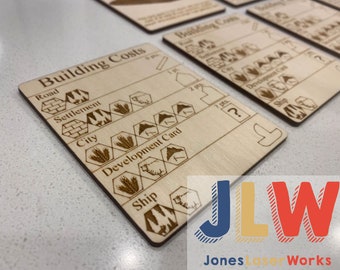 SEAFARERS Wood BUILDING COST Card, Longest Road Card, Largest Army Wooden Cards Laser Cut and Engraved for Seafarers and Settlers Board Game