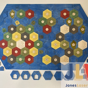 2-6 Player Custom Seafarers Board COLORED Settlers Game Board Laser Cut Engraved w/Center Number Tokens & Ports (Wood Seafarers Game)
