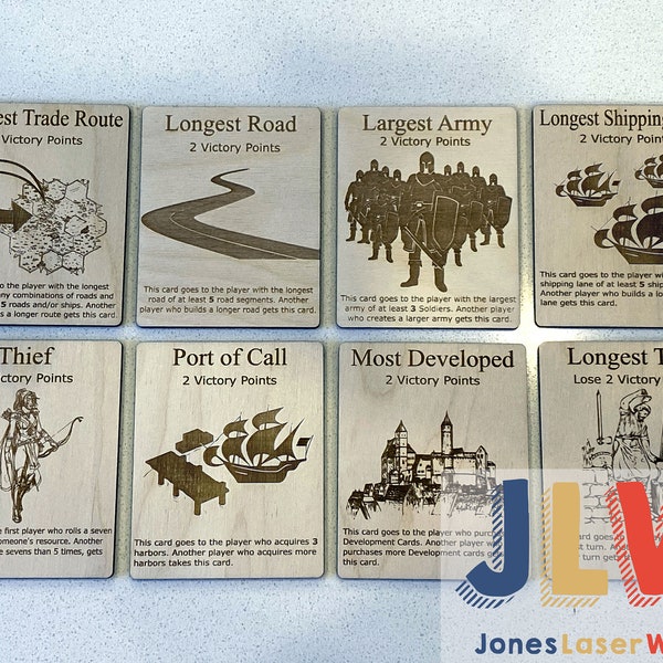 SETTLERS UNOFFICIAL Victory Point Expansion CARDS: Longest Turn, Most Developed, Port of Call, Longest Trade Route, Longest Shipping Lane
