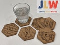 Settlers COASTER SET of 6: Solid Cork- Laser Engraved- 5mm thick