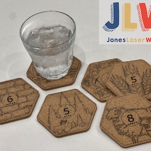 Settlers COASTER SET of 6: Solid Cork- Laser Engraved- 5mm thick