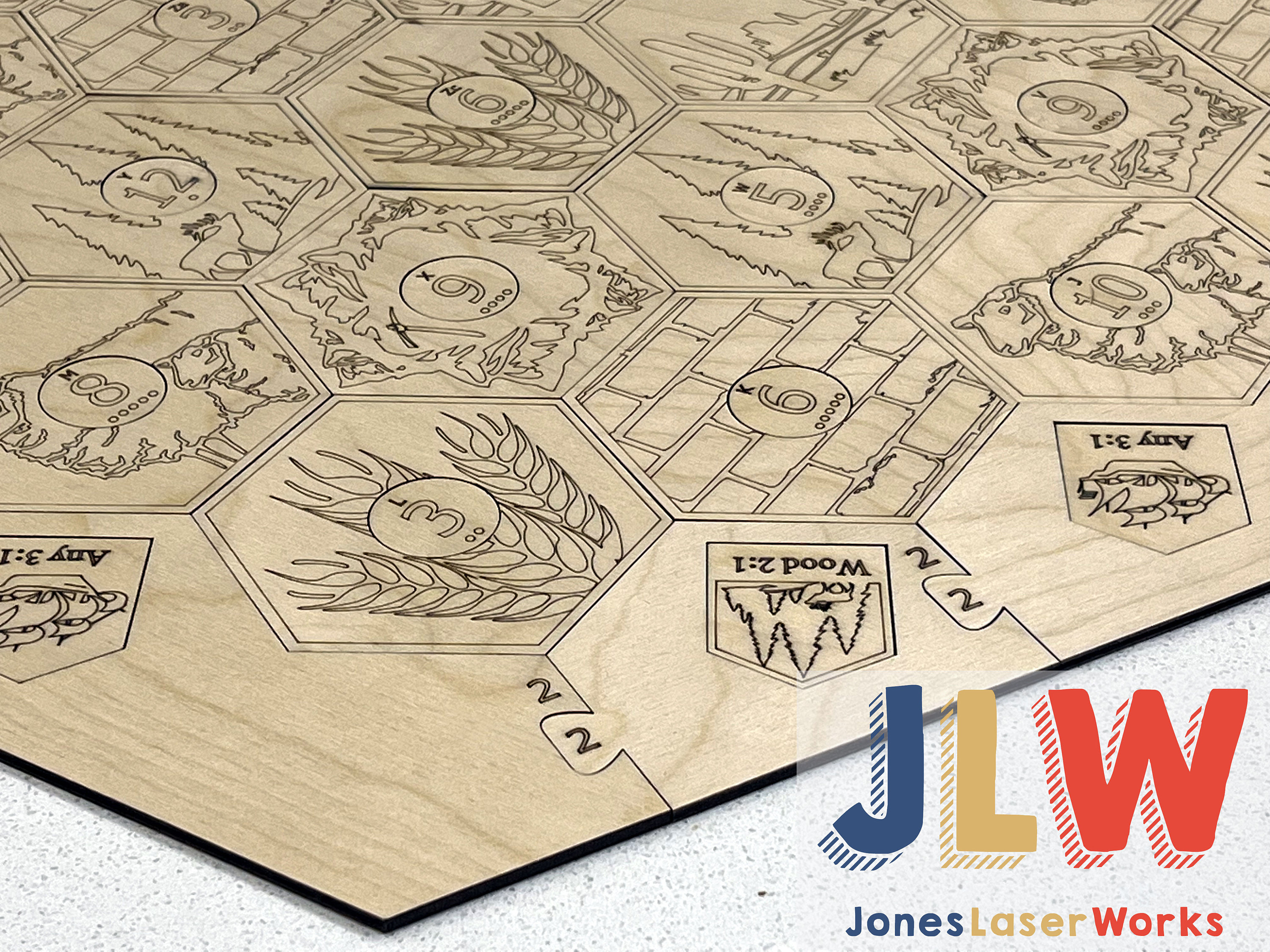 2-6 Player Custom Settlers Board UNPAINTED wood board w/Center Number Tokens & Ports Laser Cut Engraved (Wood Settlers Game)