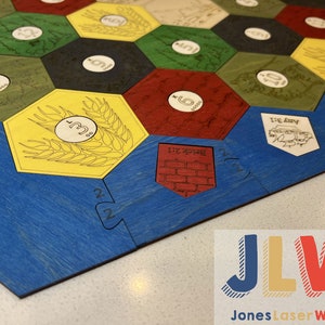 2-6 Player Custom Settlers Board Wood COLORED Settlers Game Board Laser Cut Engraved w/Center Number Tokens & Ports (Wood Settlers Game)