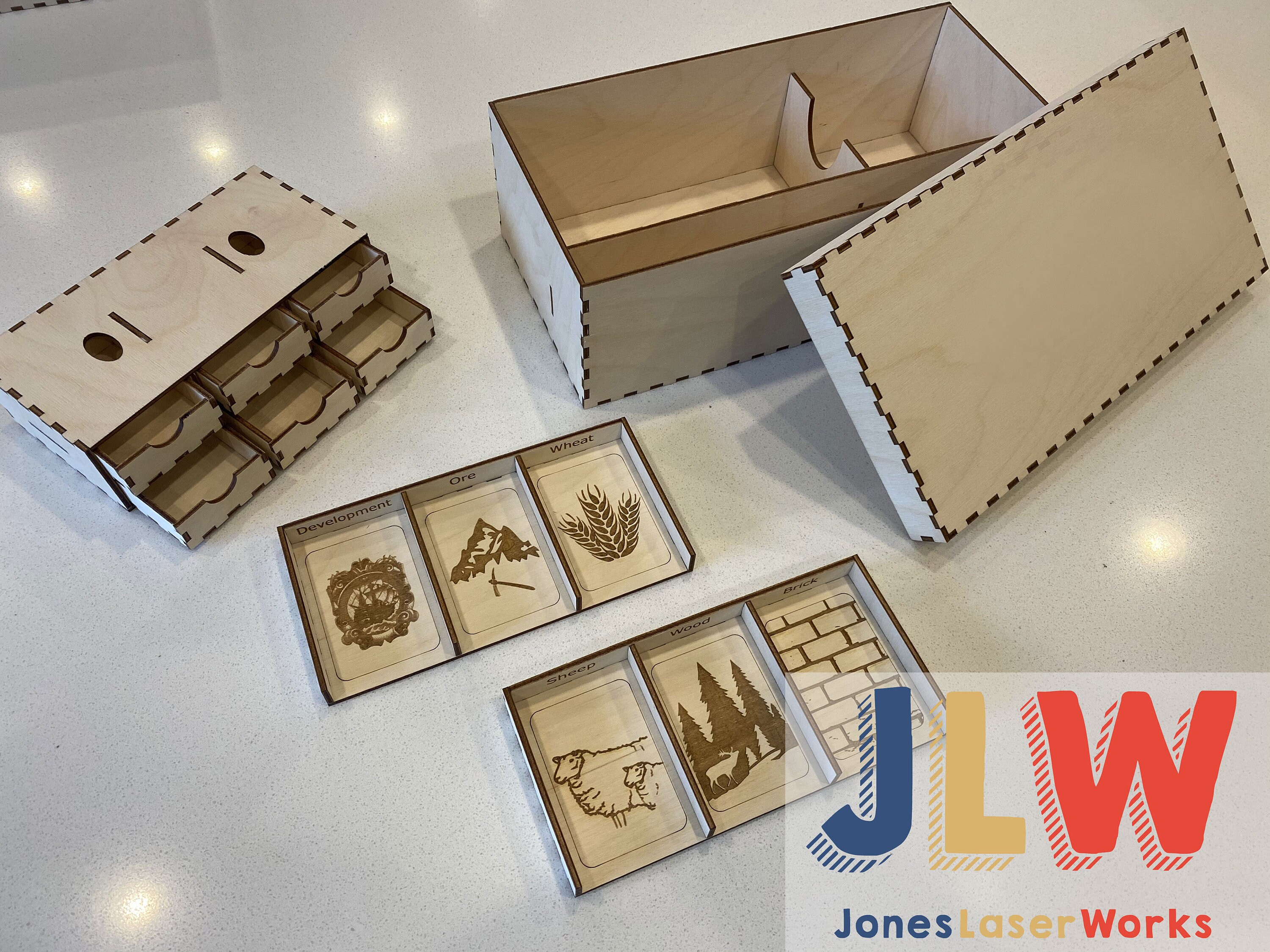Small Wood Storage Box for popular hex shaped board games. Holds complete game and all the pieces, parts, dice and cards  (Laser Cut)