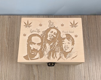 Engraved Smokers Collection Wiz, Snoop & Bob Marley | Engraved Latch Box | Personalised Pine Wood Box
