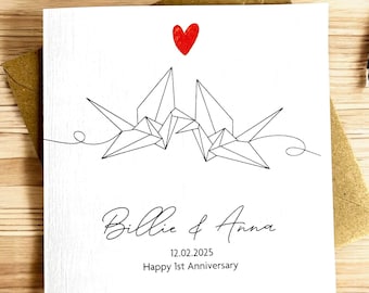 Personalised First Anniversary Card – Paper Origami Love Birds Print, Custom Names & Date, 1 Year Married Gift for Wife, Husband or Couple