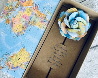 You Are My World First Paper Anniversary Rose and Box Gift, Personalised Map Paper 1st Wedding Anniversary Gift for Him, Her and  Couple