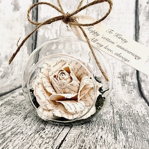 Second Cotton Anniversary Personalised Cotton Rose in Glass Globe, 2nd Wedding Anniversary Gift, Him Her and Couple, Valentine's Day Gift