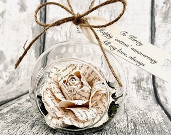 Segundo aniversario de algodón Rosa de algodón personalizada en globo de cristal, regalo del segundo aniversario de boda, él ella y su pareja, regalo del día de San Valentín