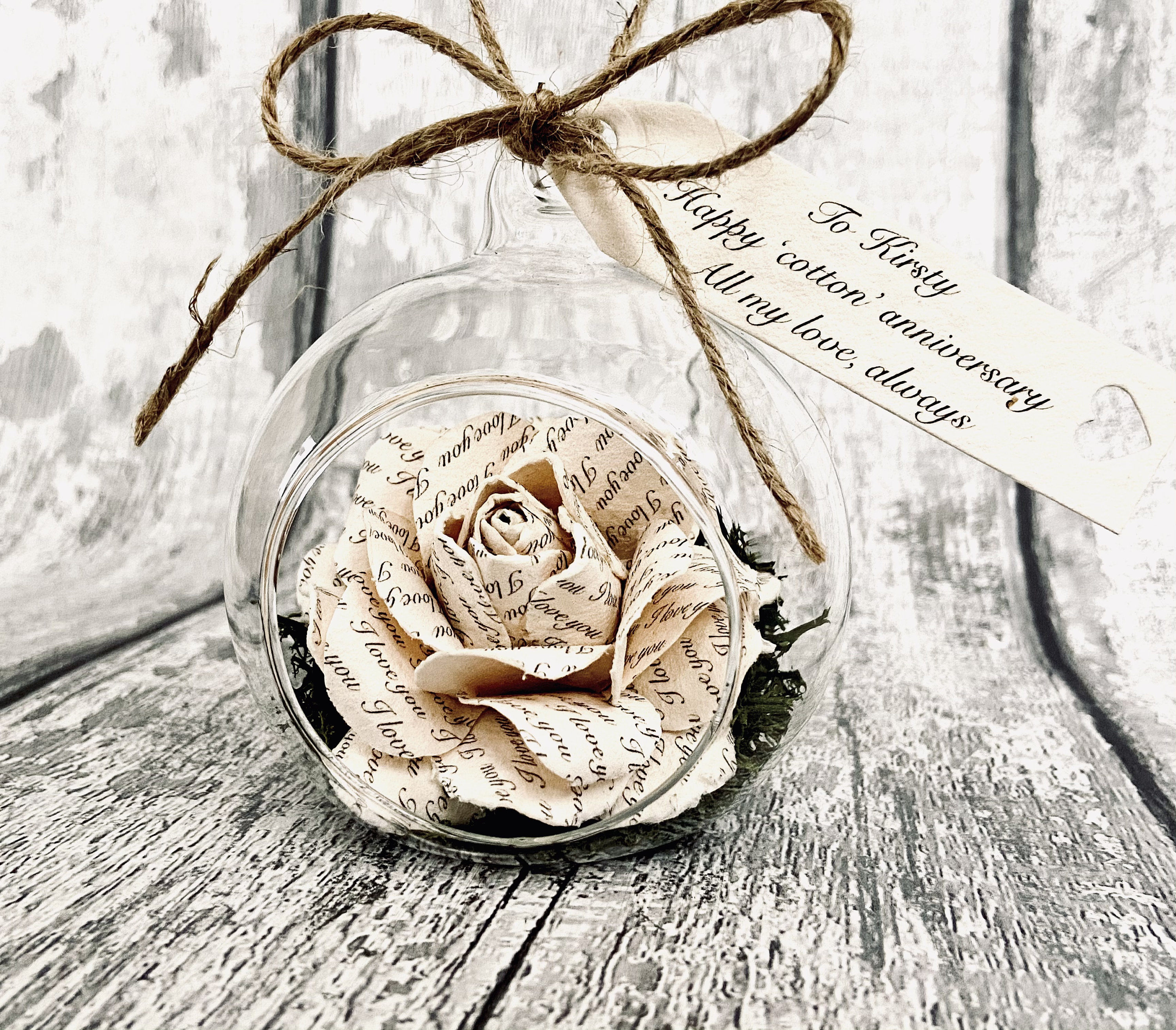 Second Cotton Anniversary Personalised Cotton Rose in Glass Etsy