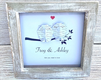 Personalised Framed Origami Owls Picture – Custom Names and Date – Handmade Owl Artwork Gift for Couple, Wedding or Anniversary Present