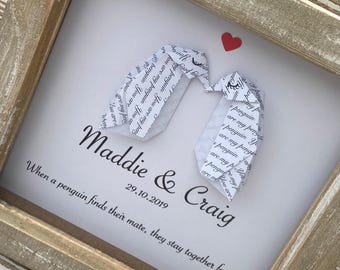 Personalised Penguin Origami Framed Picture – First Paper Anniversary Gift for Couple