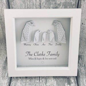 Personalised Penguin Family Framed Gift, Family Portrait, Mothers Day Gift for Mum, Penguin Nursery Décor, Family Tree, Box Frame Gift