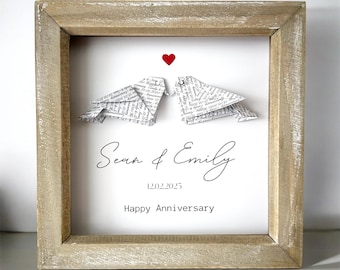 Personalised Origami Love Birds Framed Picture – 1st Anniversary Gift for Him, First Paper Wedding Keepsake for Husband