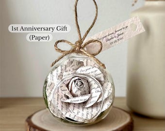 1st Wedding Anniversary Gift – Personalised Paper Rose in Glass Globe – Handmade Anniversary Keepsake