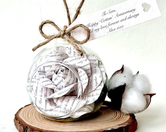 Personalised 2nd Anniversary Gift for Wife – Cotton Rose in Glass Dome, Second Year Wedding Keepsake, Romantic Gift for Her from Husband