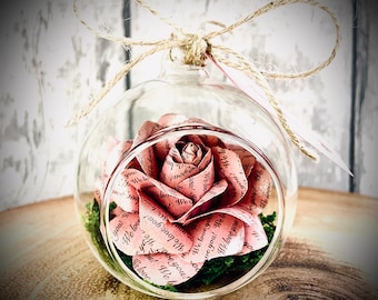 Personalised Pink Rose in Glass Globe, Anniversary Gift, First Anniversary, Paper Rose Ornament, Romantic Gift For Her, Valentines Day Gift