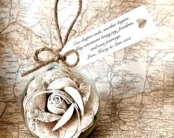 Personalised Vintage Map Rose in Glass Globe, Retirement Gift for Colleague, Leaving Work Farewell Keepsake for Coworker, Travel Lovers