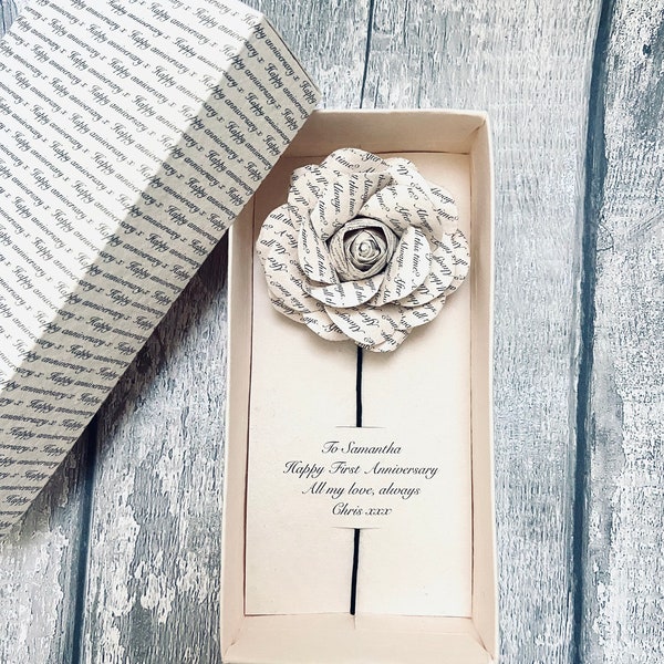 First Paper Anniversary Rose and Box Gift, Personalised Cotton Paper 1st Wedding Anniversary Gift for Him and Her, Gift for Couple, Year 1