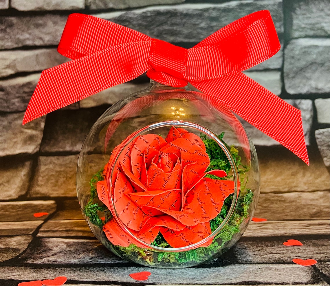 Personalised Red Paper Rose in Glass Globe Valentines Day Etsy