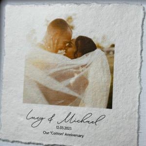 Pu&ograve; includere: Fotografia incorniciata di una coppia che si abbraccia, stampata su carta ruvida. I nomi "Lucy & Michael" e la data "12.03.2023" sono in basso. Il testo recita "Our 'Cotton' Anniversary".