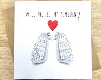 Origami Personalised Penguin Love Card, Handmade 3D Valentine’s Day Card, Cute Romantic Anniversary Greeting Card