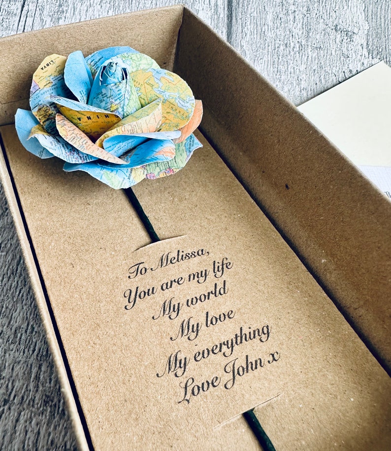 You Are My World First Paper Anniversary Rose and Box Gift, Personalised Map Paper 1st Wedding Anniversary Gift for Him, Her and Couple image 8