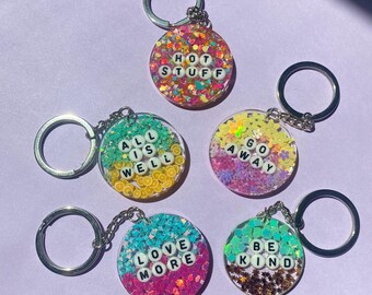 Colorful Colorful Glitter Keychain, Motivational Key Chain, Resin Bag Charm for Maximalist Dopamine Dressing, Silver Chain