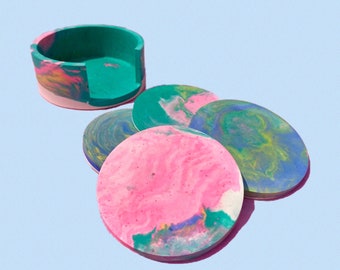 Colorful Coaster Set with Holder - Jesmonite Coasters - Dopamine Decor, Maximalist Decor